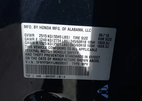 2018 Honda Pilot Lx из США, поврежденный, VIN 5FNYF5H11JB030557